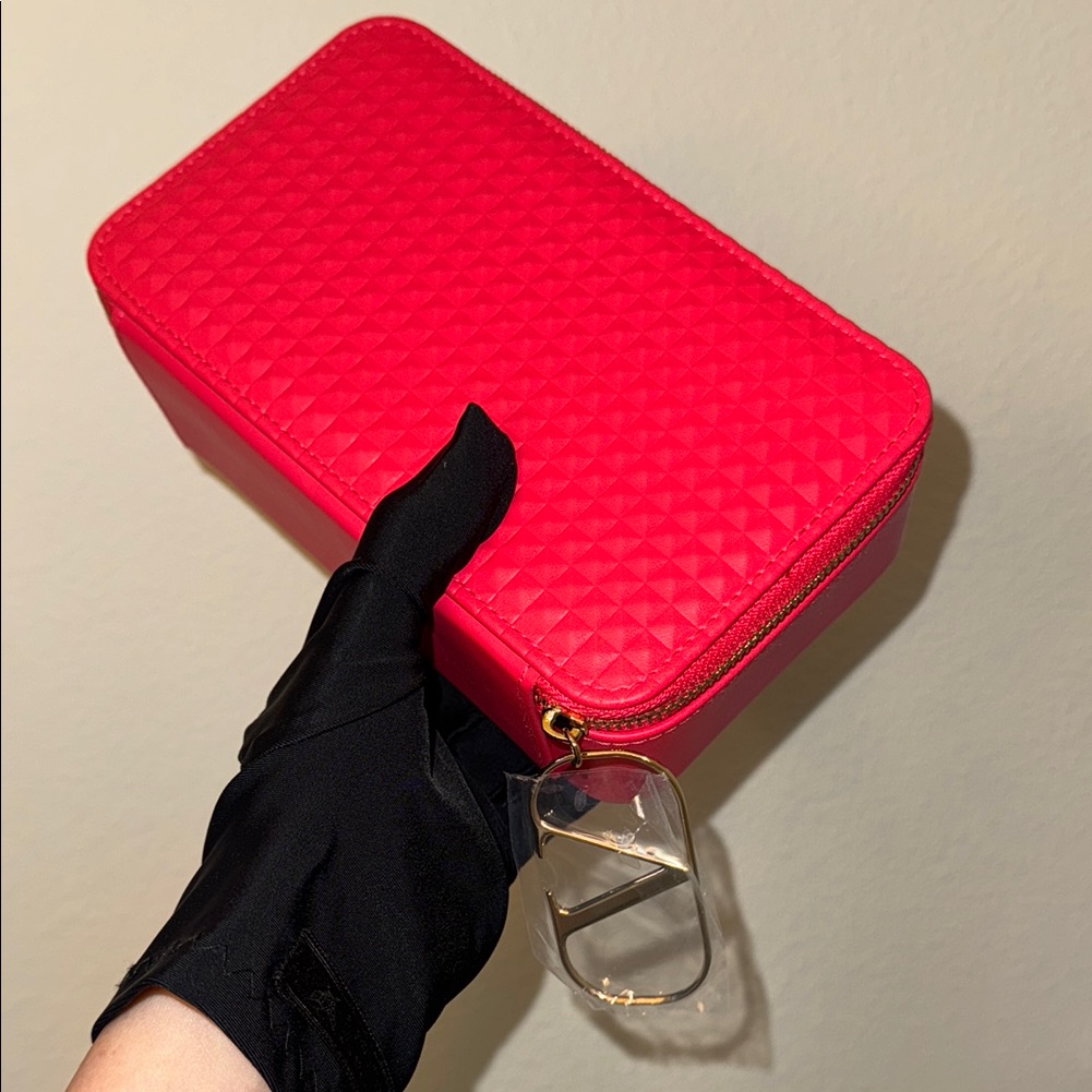 Valentino Red Studded Vanity Case Makeup Clutch Cosmetic Bag